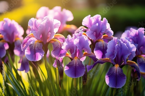  a bunch of purple flowers that are growing in the grass with the sun shining on the flowers in the background. © Shanti