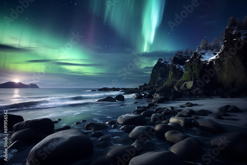 Night winter landscape with aurora, high rocks, beach