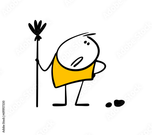 Sad disgruntled stickman janitor holds a broom and looks at the dirt on the ground. Vector illustration of a cleaning service worker hates garbage. Isolated doodle person on white background.