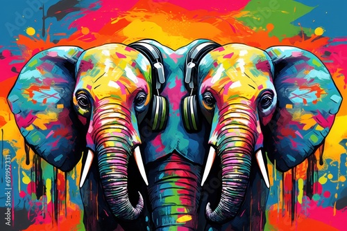  a painting of an elephant with headphones on it's ears and a splash of paint on it's face.