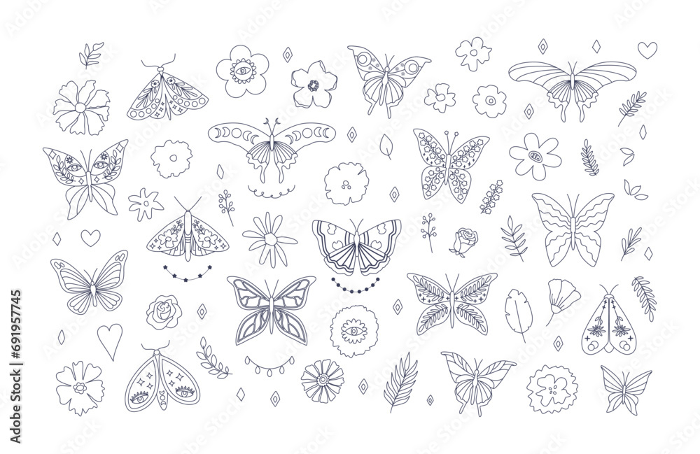 Linear mysterious butterflies and moths. Bohemian insects and flowers. Botanical line art sketch. Outline icons, doodles, tattoo. Linear mysterious butterflies and moths. Bohemian insects and flowers. Botanical line art sketch. Outline icons, doodles, tattoo.