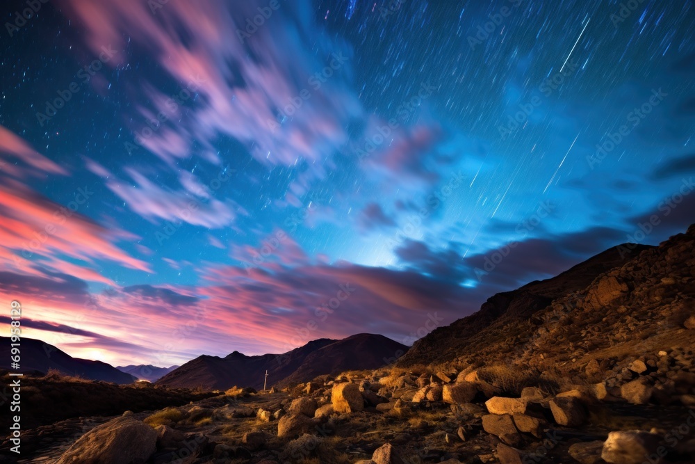  a rocky hillside under a purple and blue sky with a star trail streaking across the sky over the mountains.