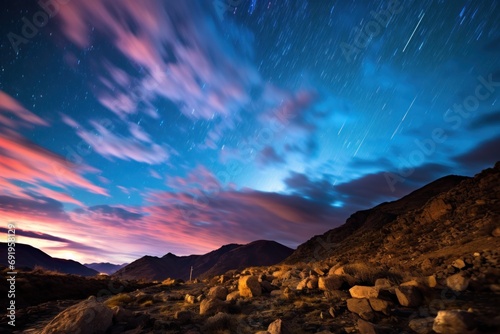  a rocky hillside under a purple and blue sky with a star trail streaking across the sky over the mountains.