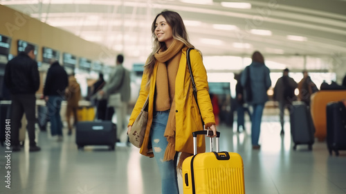 Young woman traveler abroad hold rolling bag suitcase wear yellow overcoat walking in airport