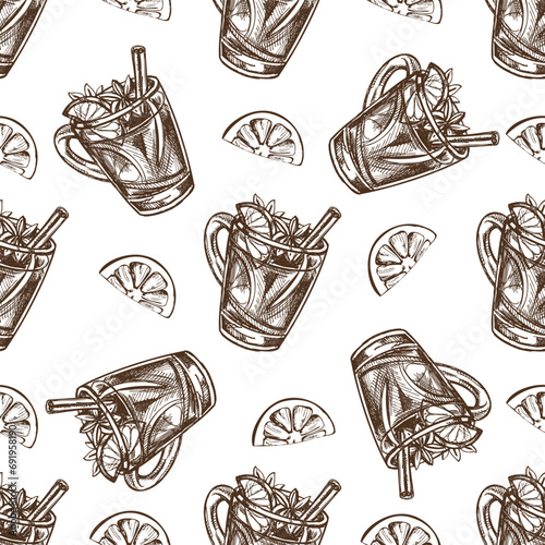 Seamless pattern of hand-drawn mug with mulled wine in sketch style. Vector food drawing. A warming drink. Traditional Christmas drink. Vintage cozy seasonal holidays. Good for menu.