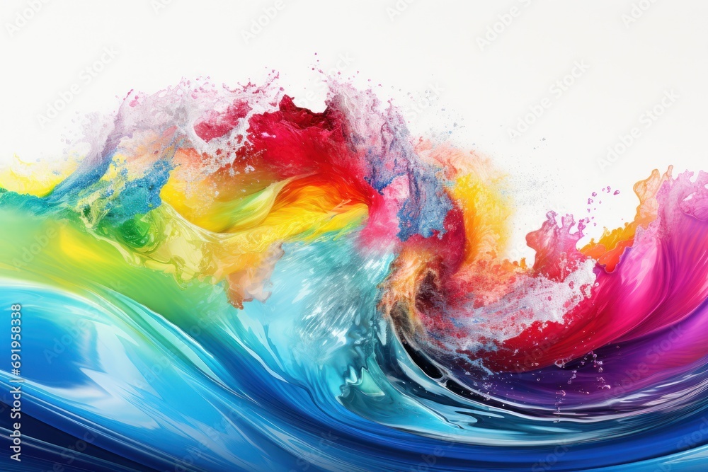  a multicolored wave of water on a white background with a splash of color on the bottom of the wave.