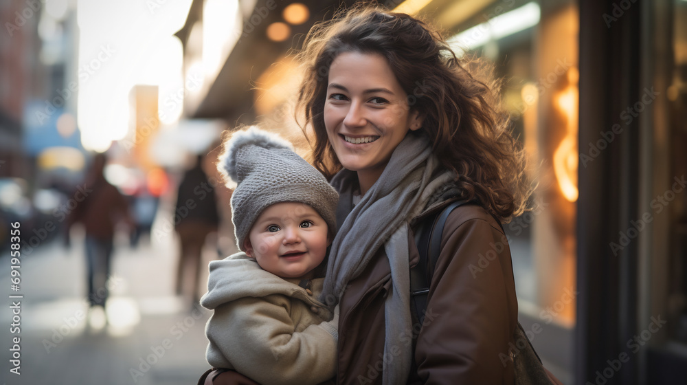 Happy smiling mother with baby girl in carrier walking through city Happy smiling mother with baby girl in carrier walking through city