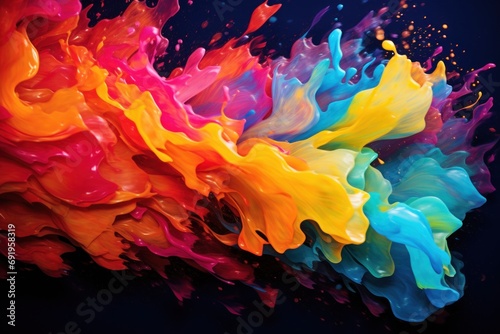  a multicolored liquid splashing in the air on a black background with a black background and a blue sky in the background.