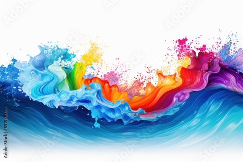  a multicolored wave of water on a white background with a splash of paint on the bottom of the wave.