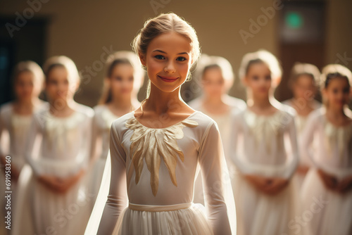 Portrait of adorable little ballerinas, in white costumes, with group of other girls, in theater or concert hall before performance in dance suits
