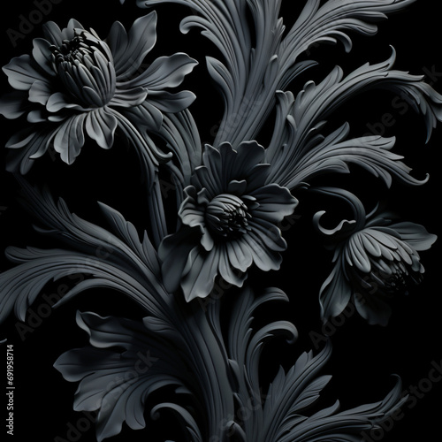 Black flowers ornament on dark background gothic