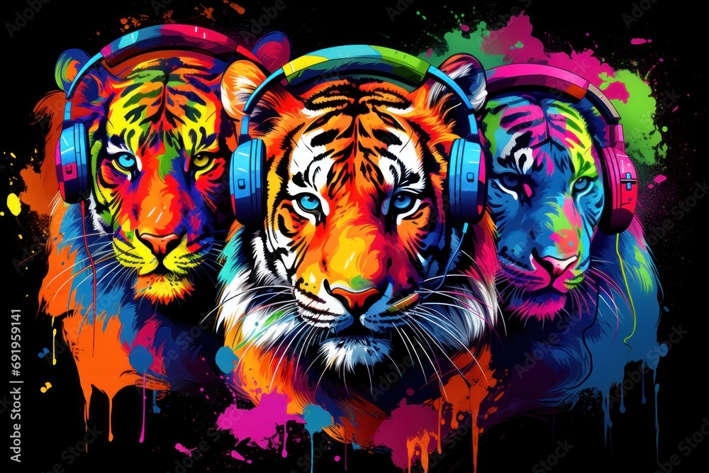Φωτογραφία three colorful tigers wearing headphones with colorful paint splatters on the side of their faces and headphones on their ears