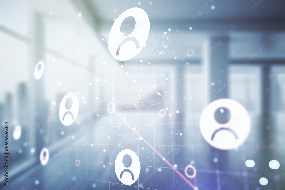 Double exposure of social network icons hologram on empty room interior background. Networking concept Double exposure of social network icons hologram on empty room interior background. Networking concept