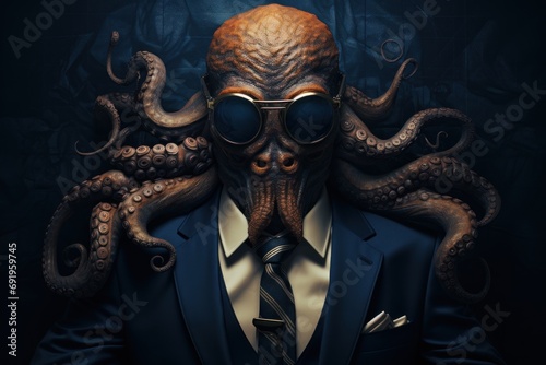  a man in a suit and tie with an octopus on his head wearing goggles and a suit and tie.