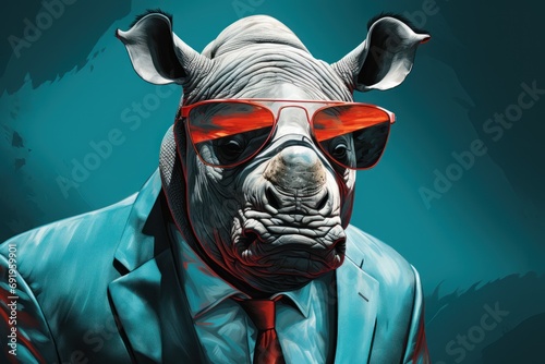  a painting of a man in a suit and tie with a rhinoceros head wearing sunglasses and a red tie.