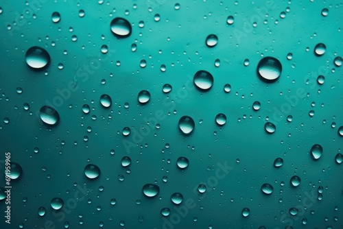  a close up of water droplets on a green surface with a blue sky in the background and a blue sky in the foreground.