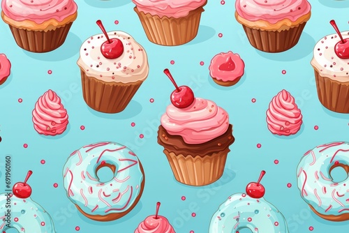  a bunch of different types of cupcakes on a blue background with sprinkles and cherries.