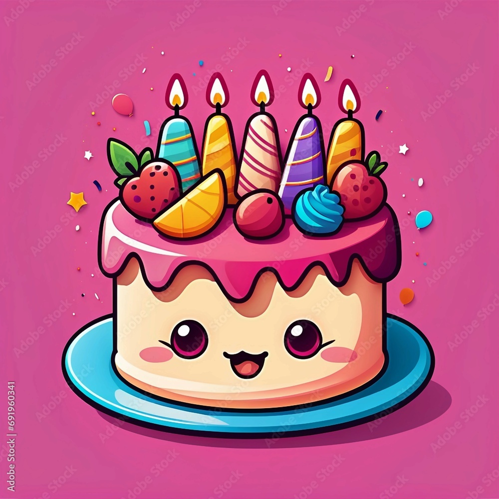 Cute birthday cake party cartoon vector icon illustration food holiday icon concept, Ai generated Cute birthday cake party cartoon vector icon illustration food holiday icon concept, Ai generated