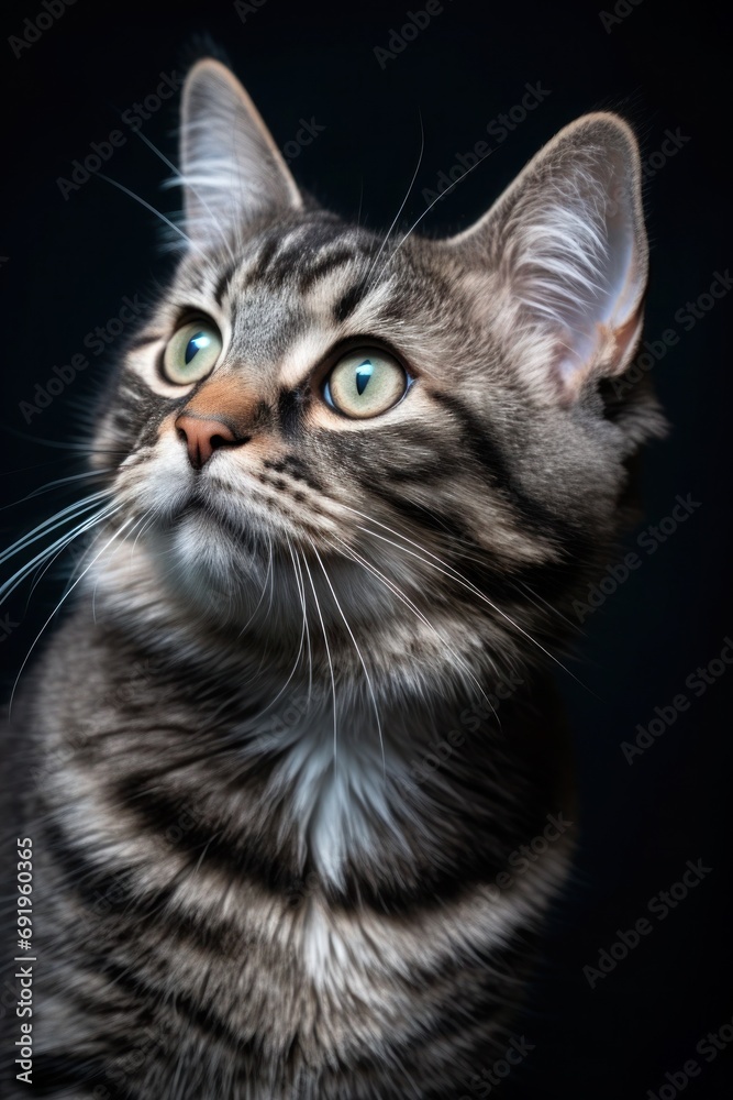 Portrait of a gray tabby cat on a black background, Closeup