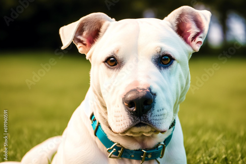 Portrait of a white bull terrier dog standing in the park. Generative AI photo