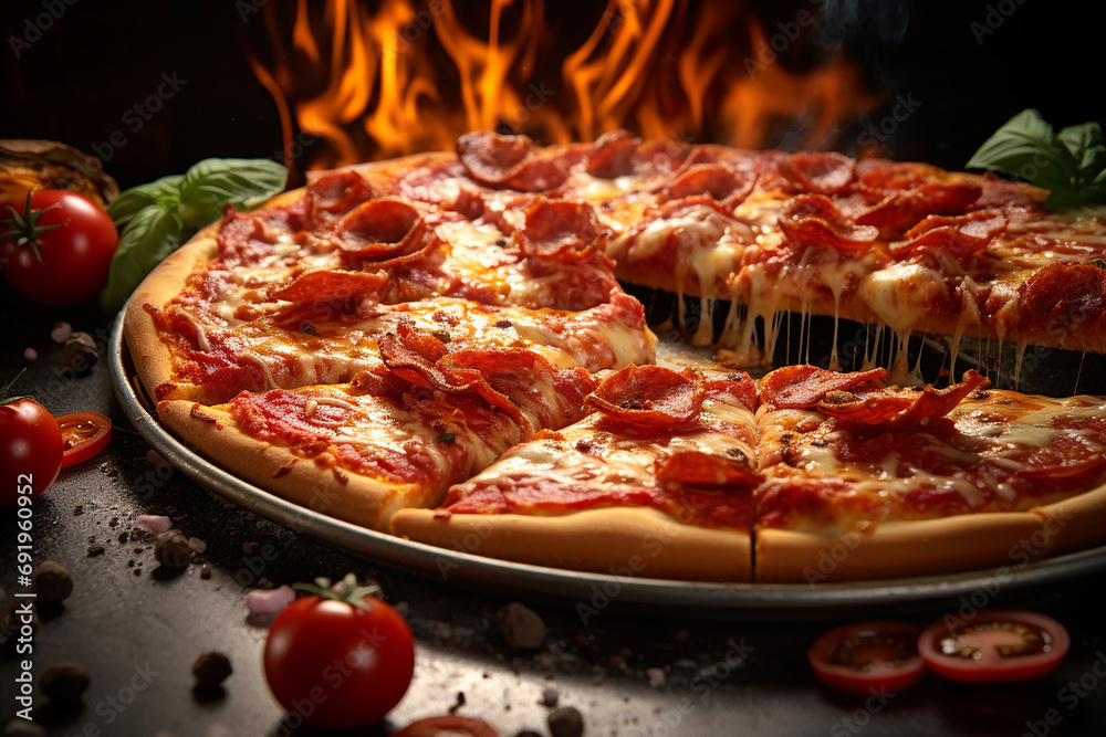 pizza is cooked in the oven, the cheese stretches, there is fire and flame in the background.Generative AI.