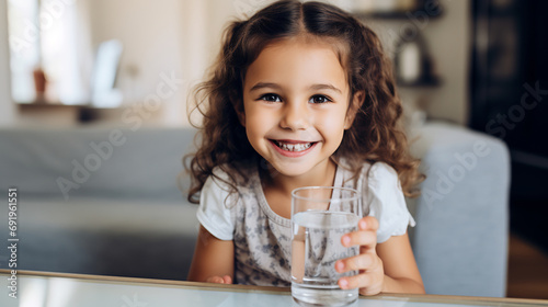 Portrait of cheerful pretty little girl sitting on couch at home holding glass of water. Hydration, children healthy lifestyle photo