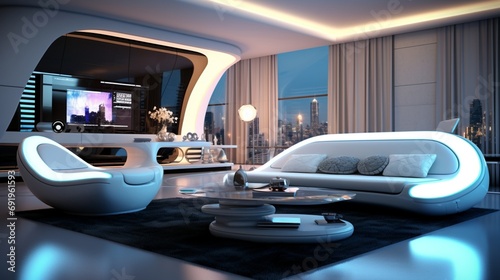 A futuristic living room with innovative furniture, LED lighting, and high-tech entertainment