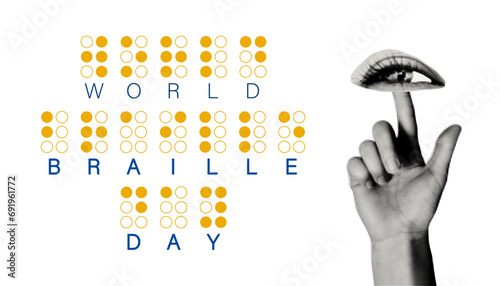 World Braille Day banner. Halftone collage hand with eye at fingertip as communication concept. Alphabet for blind. Modern vector illustration isolated on white background