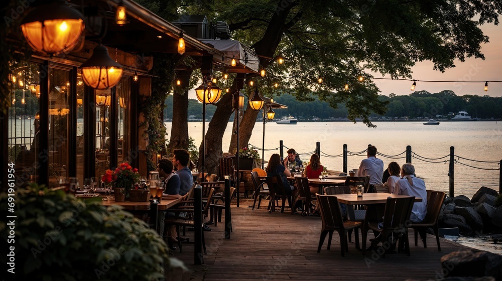 guinguette restaurant au bord de l'eau avec terrasse ombragée et guirlandes lumineuses - obrazy, fototapety, plakaty 