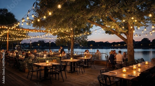 guinguette restaurant au bord de l'eau avec terrasse ombragée et guirlandes lumineuses
