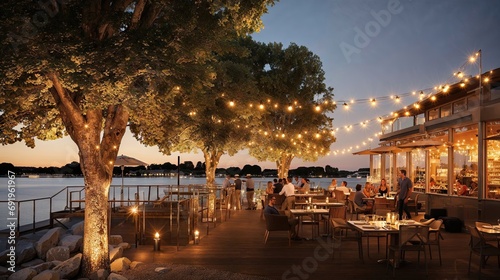 Foto guinguette restaurant au bord de l'eau avec terrasse ombragée et guirlandes lumi