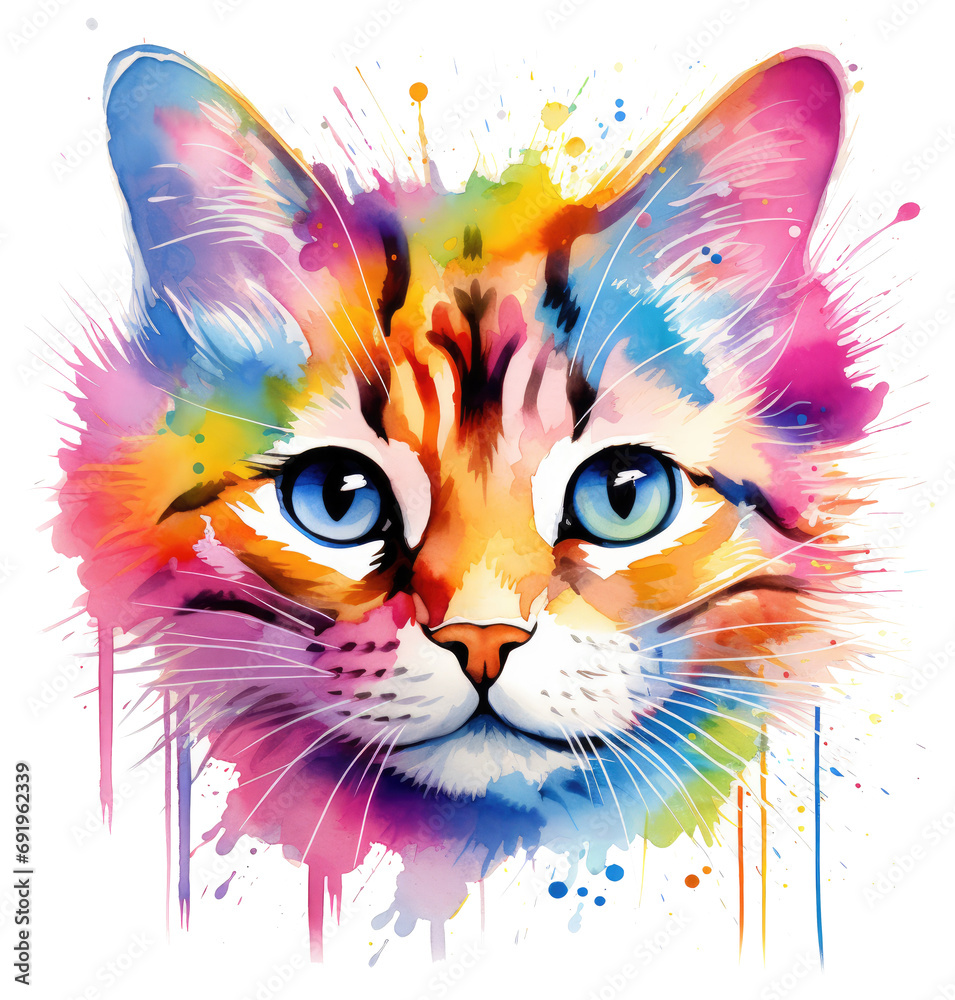 a cats artwork depicting the eyes of a colorful cat with splats