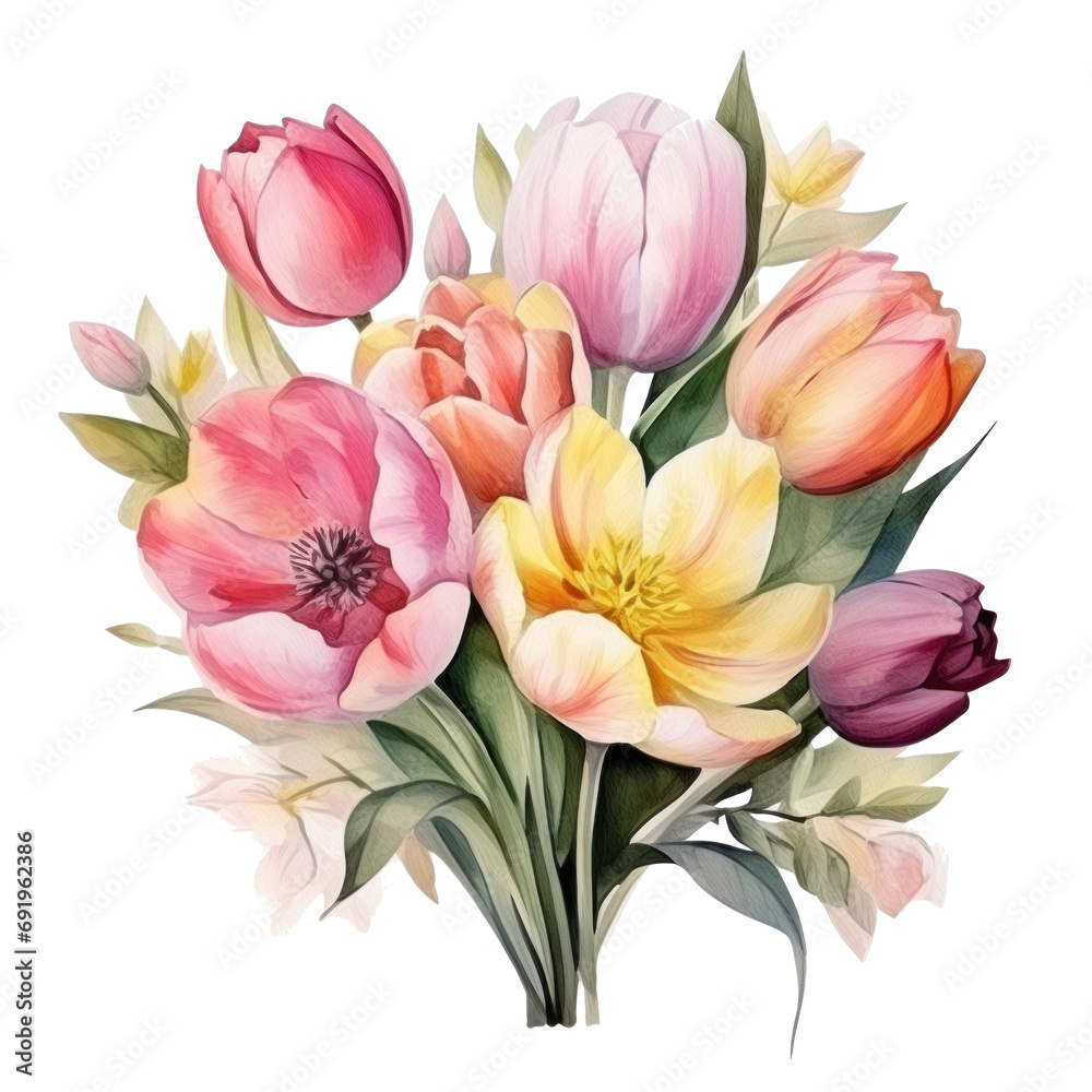 cute watercolor tulip flower bouquet in basket isolated cute watercolor tulip flower bouquet in basket isolated