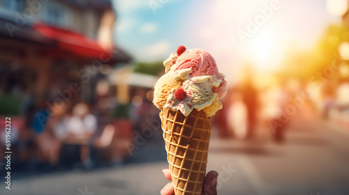 Close up of hand holding fresh ice cream waffle cone on sunny day, sweet tasty summer food