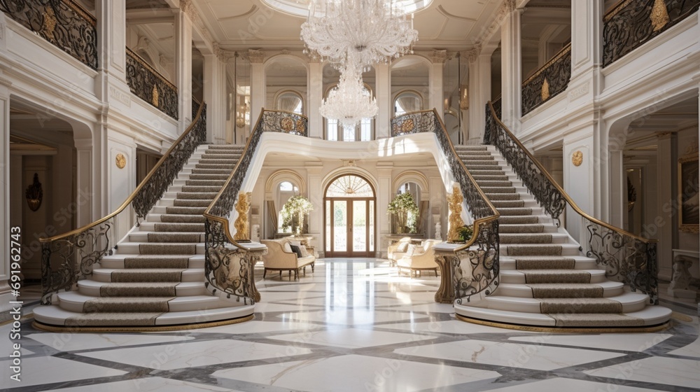 A grand entrance hall with a sweeping staircase, marble columns, and a dazzling crystal chandelier