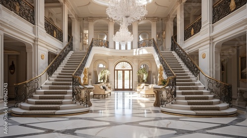 A grand entrance hall with a sweeping staircase  marble columns  and a dazzling crystal chandelier