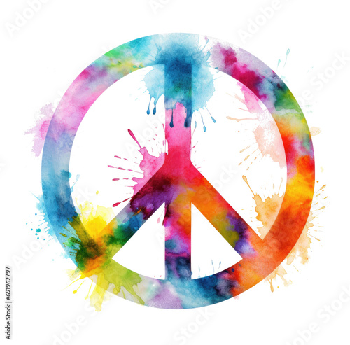 a colorful peace sign painted with watercolor paint isolated photo