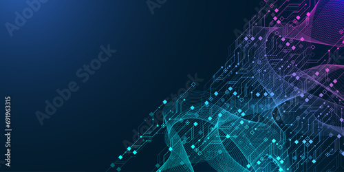 Modern technology banner template with circuit board texture. Quantum computer technologies concept. Technology connection digital data and big data concept. photo