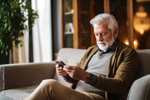Senior man relaxed and happy using the mobile phone sitting on the sofa at home. Concept of technology and older people. photo