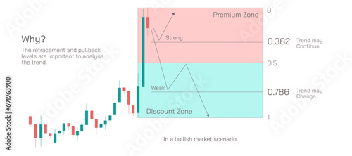 Stock market Investing and trading strategies infographics vector illustration. From beginner to expert level information. Fibonacci retracements and pullback levels with premium and discount zones.