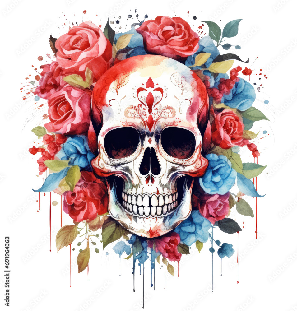 a watercolor skull and flowers, with a red rose on it a watercolor skull and flowers, with a red rose on it