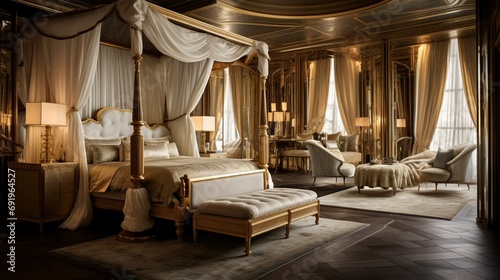 A luxurious bedroom with a king-size canopy bed, silk drapes, and golden accents