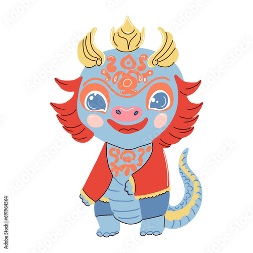 Chinese New Year of Dragon, cute little baby dragon in national Chinese costume. Vector illustration.