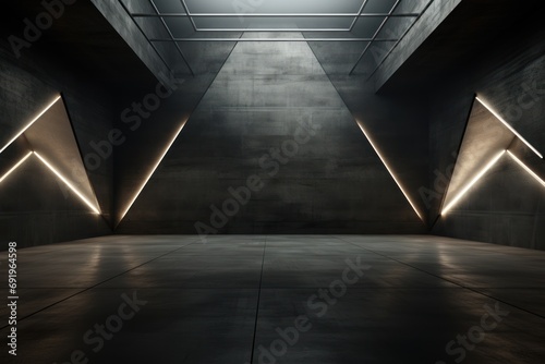  a very dark room with some lights on the ceiling and a long hallway leading to another room with some lights on the ceiling.