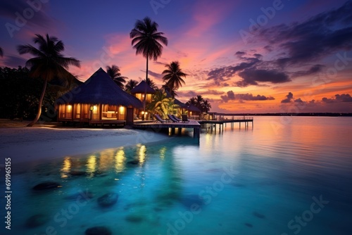  a beautiful sunset on a tropical island with palm trees and thatched huts on the water and a dock in the foreground.
