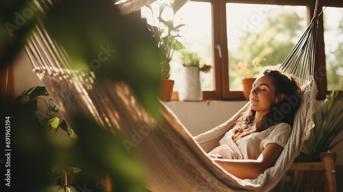 Relaxed young woman resting in comfortable hammock at home photo