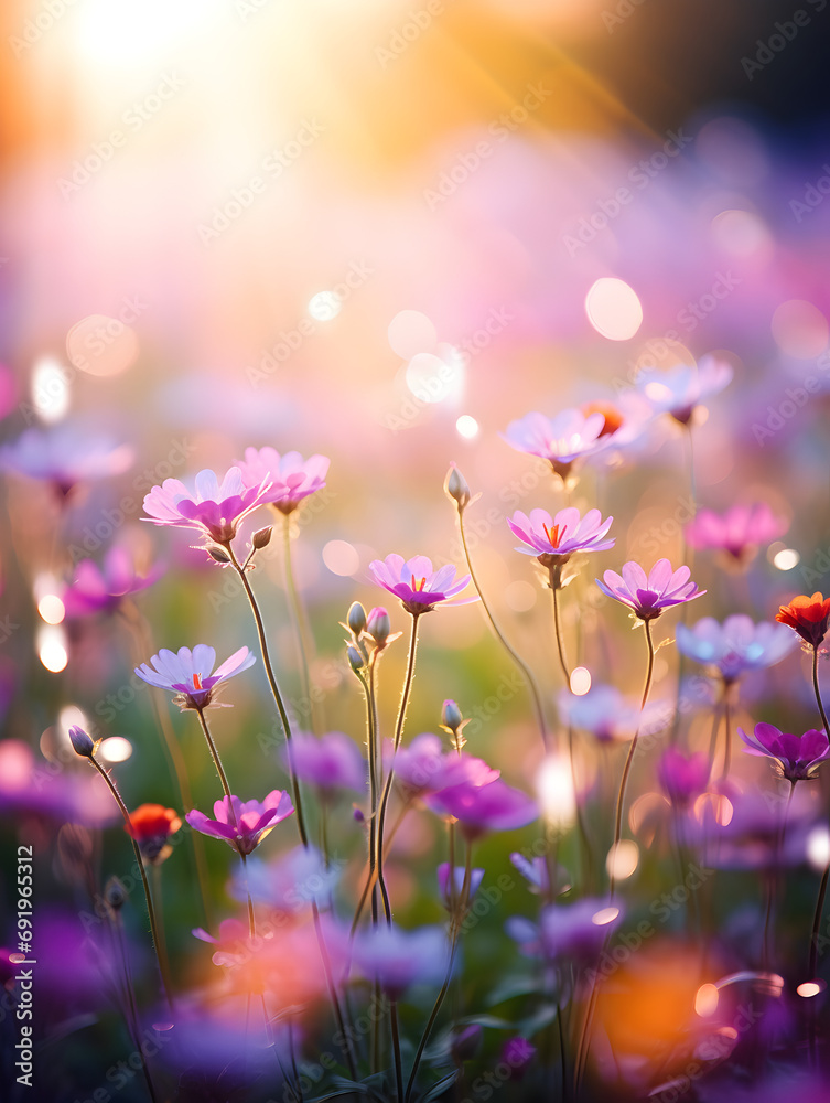 Pink spring flowers on a meadow, blurry sunlight background 