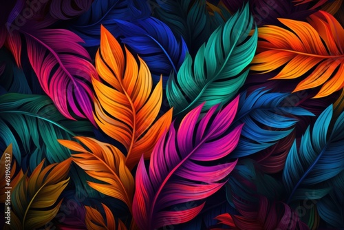  a bunch of colorful leaves that are on top of a black background with red  orange  green  and blue colors.
