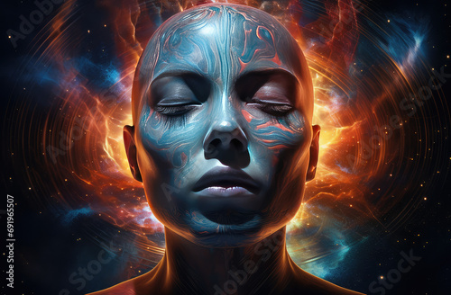 the human head with its energy in front of the galaxy and stars
