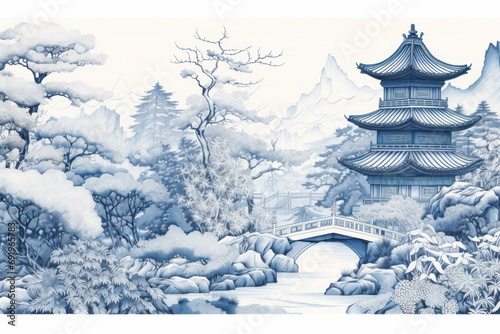  a painting of a blue and white landscape with a bridge in the foreground and a mountain in the background.